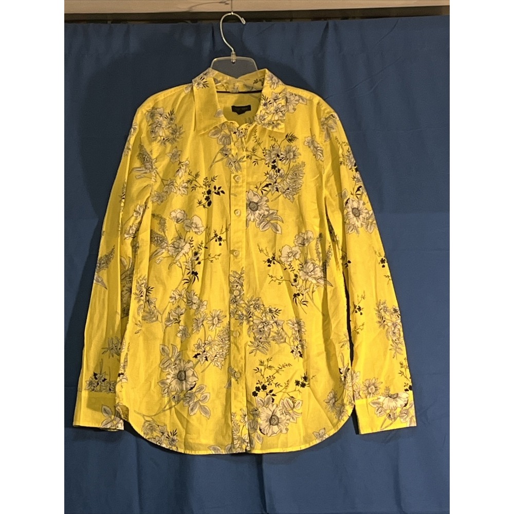 Talbots Yellow & Black White Floral Lightweight Top Long Sleeve 100% Cotton